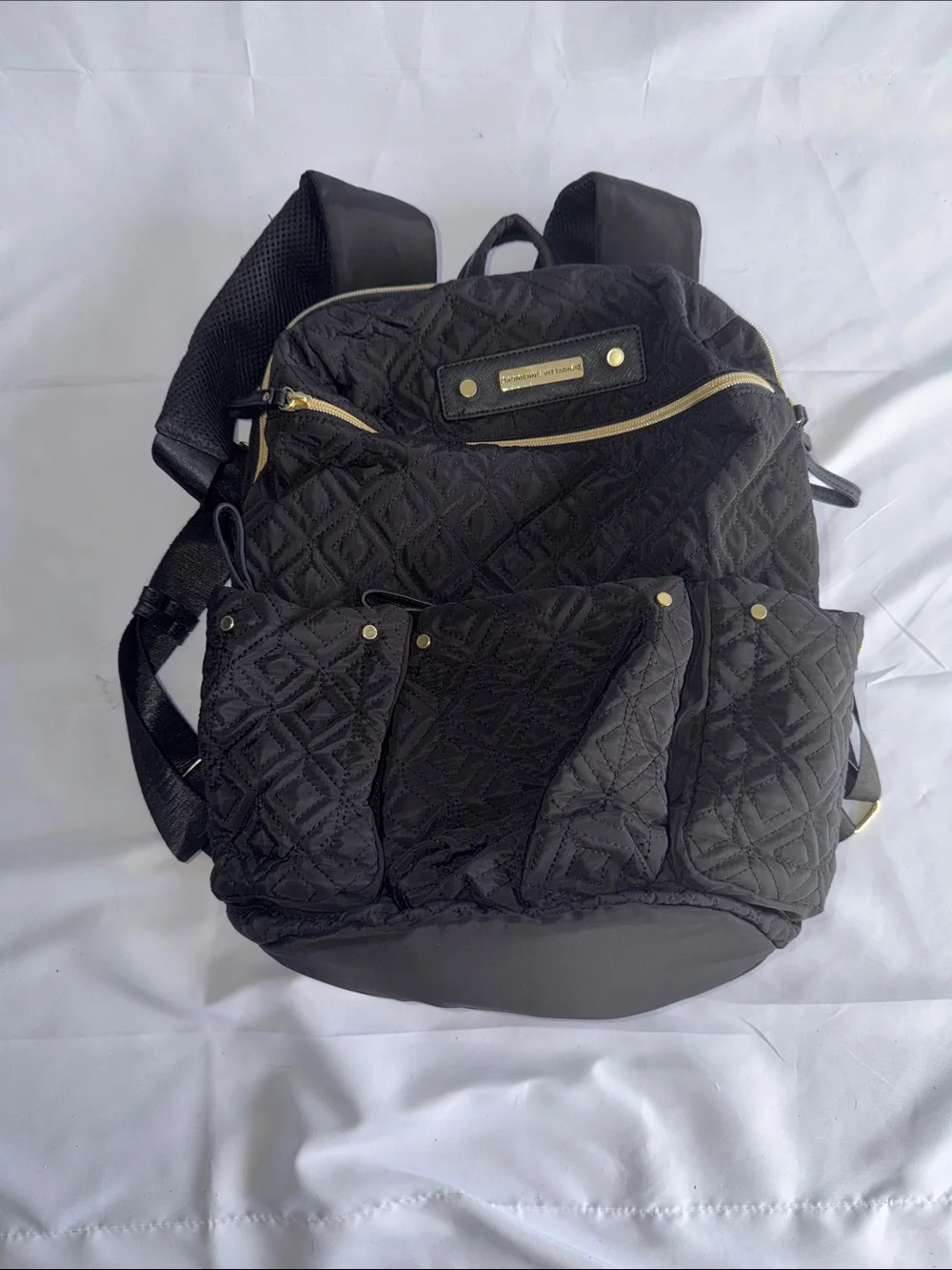 Adrienne Vittadini Black Quilted Backpack with Gold Accents